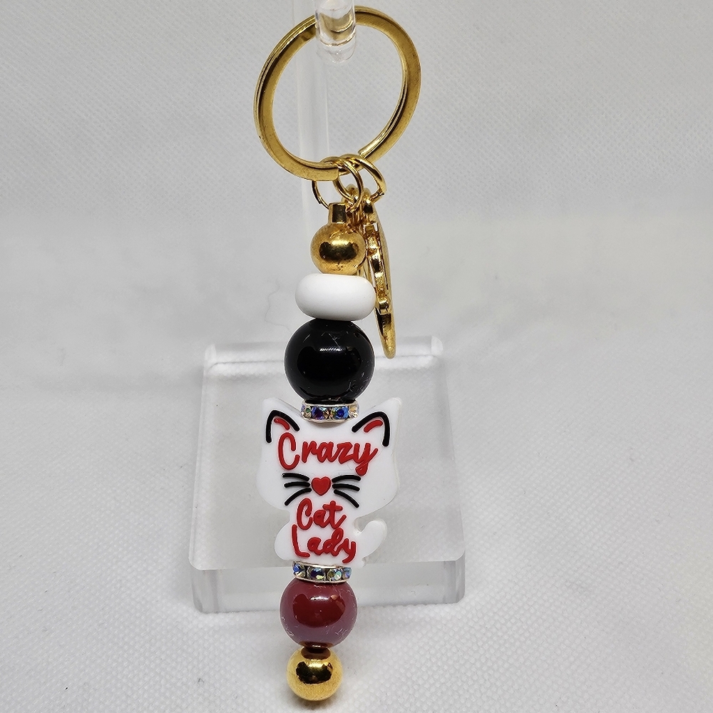 NWT Crazy Cat Lady Bling and Beaded Goldtone Metal Keychain